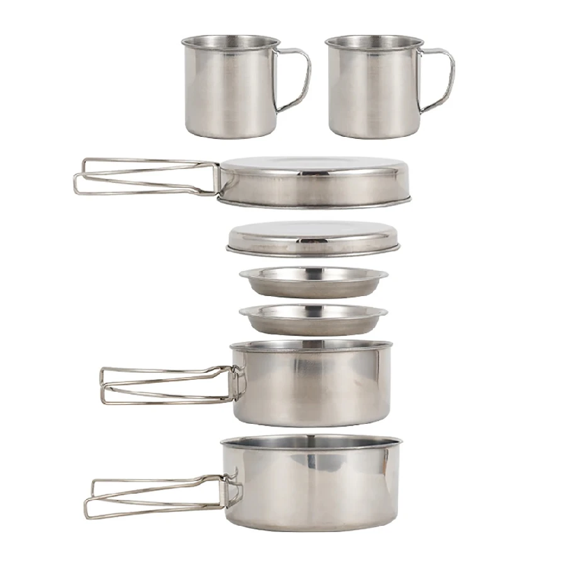 Camping Cooking Hot Plate - 8 ชิ้น/เซ็ต ชุดเครื่องครัวสำหรับตั้งแคมป์ ชุดหม้อและกระทะสแตนเลส พร้อมจาน ถ้วย