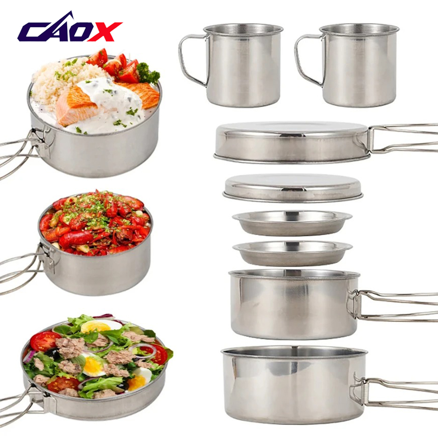Camping Cooking Hot Plate - ชุดเครื่องครัวแคมป์ปิ้ง CAOX 8 ชิ้น/ชุด ชุดหม้อและกระทะสแตนเลส พร้อมจานและแก้ว