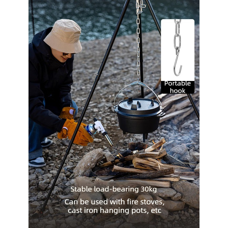 Camping Hanging Cooking Pot - ขาตั้งหม้ออะลูมิเนียมอัลลอยด์พร้อมขาตั้งไฟสแตนเลสสำหรับทำบาร์บีคิวกลางแจ้งแบบพกพา ขาตั้งแบบสามขาปรับระดับได้