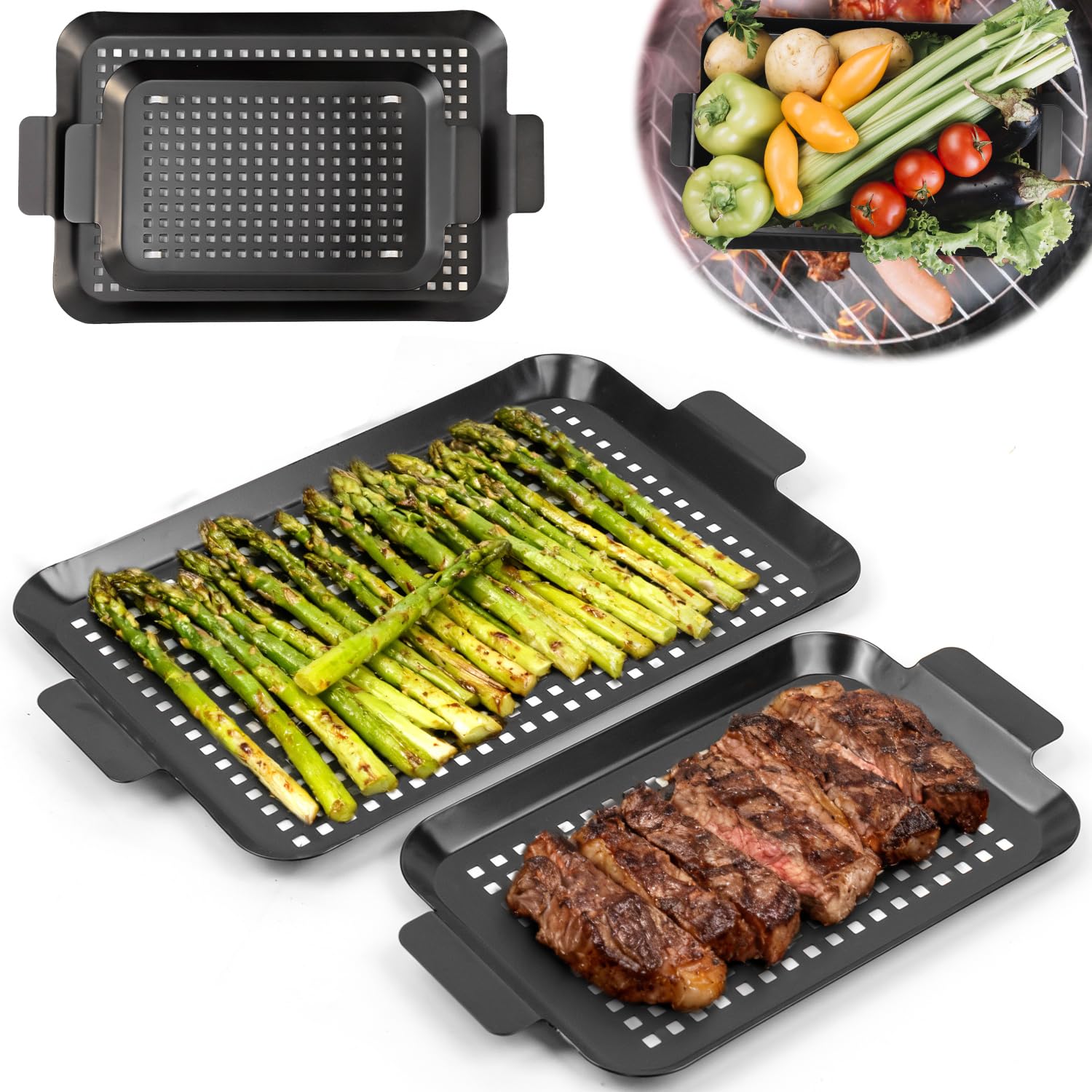 Camping Cooking Griddle - กระทะย่าง 2 ชิ้น, แผ่นย่างสำหรับเตาย่างกลางแจ้ง, แผ่นย่างเคลือบสารกันติด เหมาะสำหรับการตั้งแคมป์,