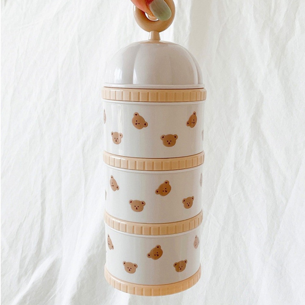Bear Canister Food - กล่องนมผงสำหรับเด็ก 3 ชั้น ลายการ์ตูนหมีและดอกทิวลิป พกพาสะดวก ใช้สำหรับจ่ายนมผงแบบไม่หก