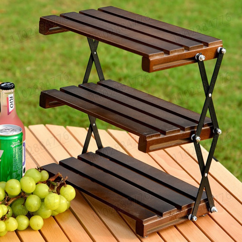 Camping Cooking Utensil Holder - ชั้นวางของพับได้สามตอน สแตนเลส สำหรับตั้งแคมป์กลางแจ้ง อเนกประสงค์ พกพาสะดวก พร้อมที่จัดเก็บแบบไม้