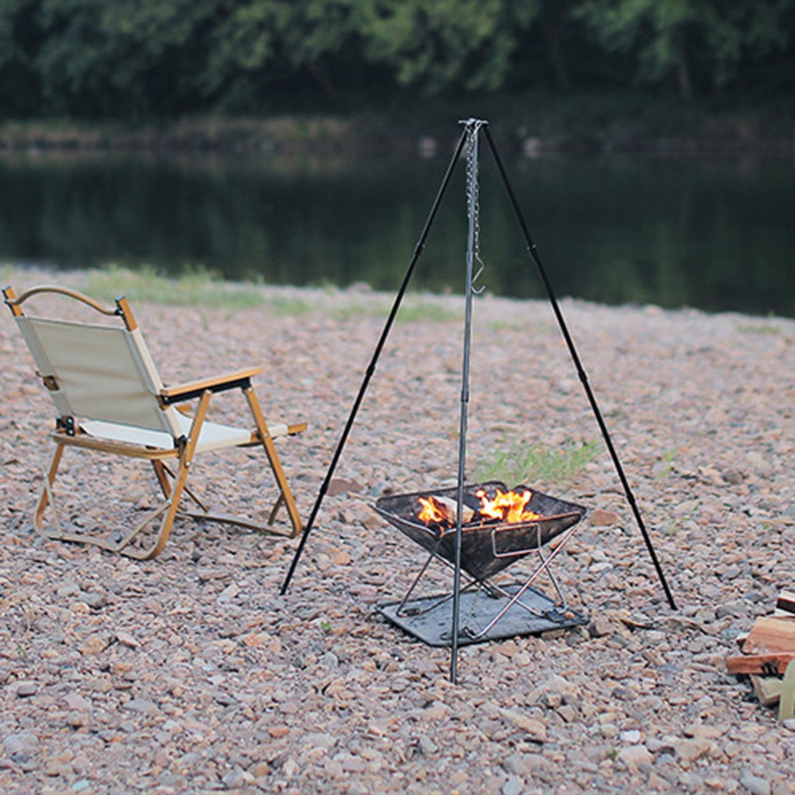 Camping Hanging Cooking Pot - ขาตั้งเตาไฟกลางแจ้งแบบพกพาขนาดใหญ่สำหรับตั้งแคมป์ ใช้สำหรับแขวนหม้อปรุงอาหาร ปรับระดับได้ พร้อมโซ่แขวน