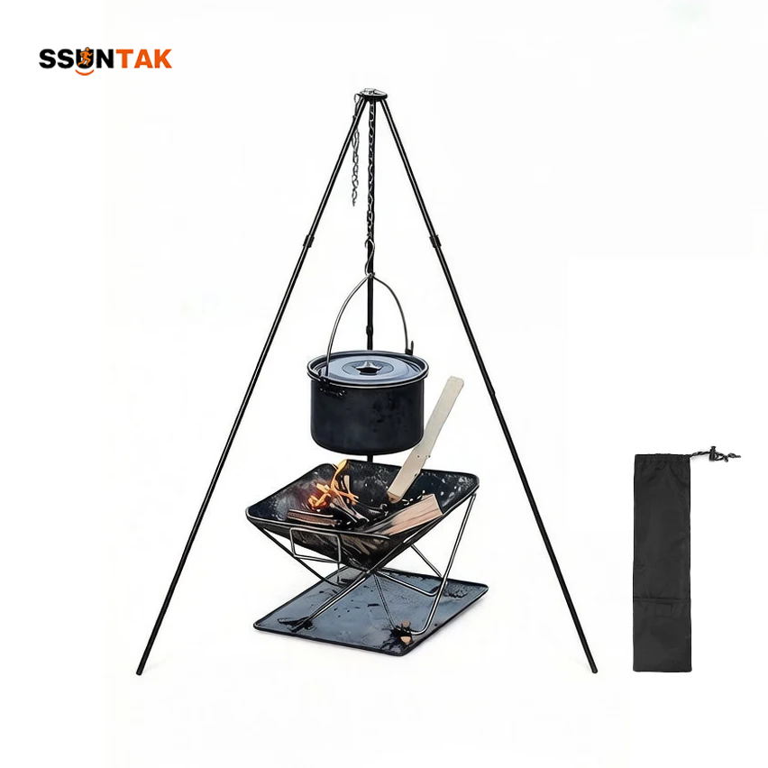 Camping Hanging Cooking Pot - ขาตั้งหม้อแบบพกพา SSUNTAK สำหรับตั้งแคมป์ ปรับระดับได้ ทำจากอลูมิเนียมอัลลอยด์ รูปทรงสามเหลี่ยม