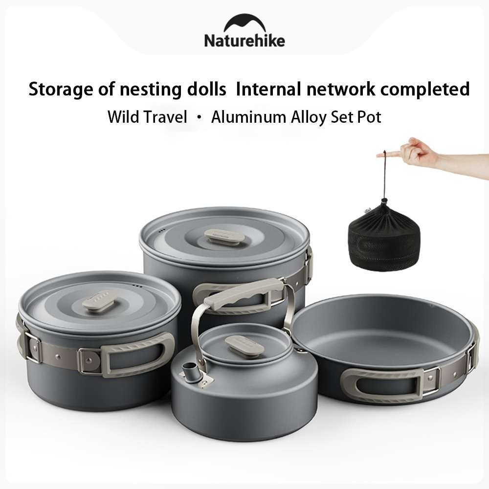 Camping Hanging Cooking Pot - Naturehike ชุดหม้อกลางแจ้ง,อุปกรณ์ทําอาหารตั้งแคมป์,กระทะสแตนเลสแบบพกพาแขวนหม้อ,เดินป่าปิกนิกบนโต๊ะอาหาร